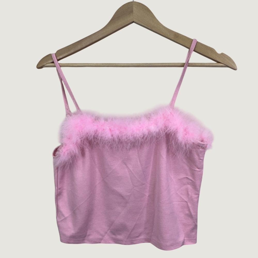 Sugar Thrillz Cami Tank Top L Pink Feather Trim Faux Fur Y2K Coquette Barbiecore